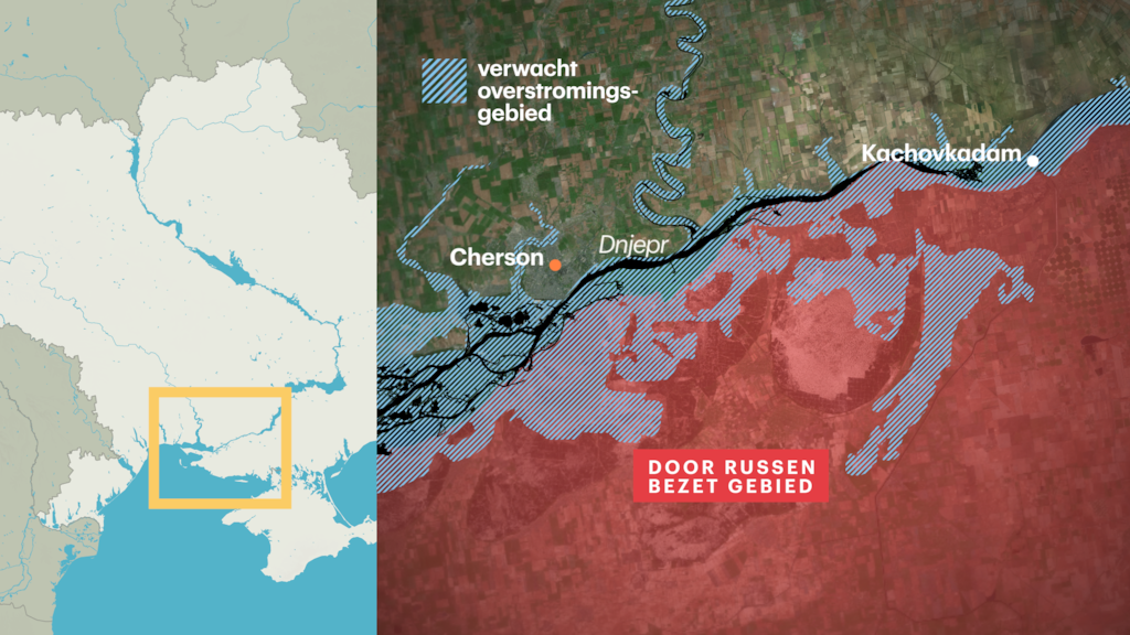 Op dit plaatje is te zien waar het risico op overstroming is. De zwarte lijn is rivier de Dnjepr.