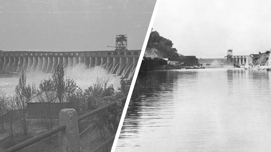 De waterkrachtcentrale bij Zaporizja rond de Tweede Wereldoorlog, voor en na het opblazen.
