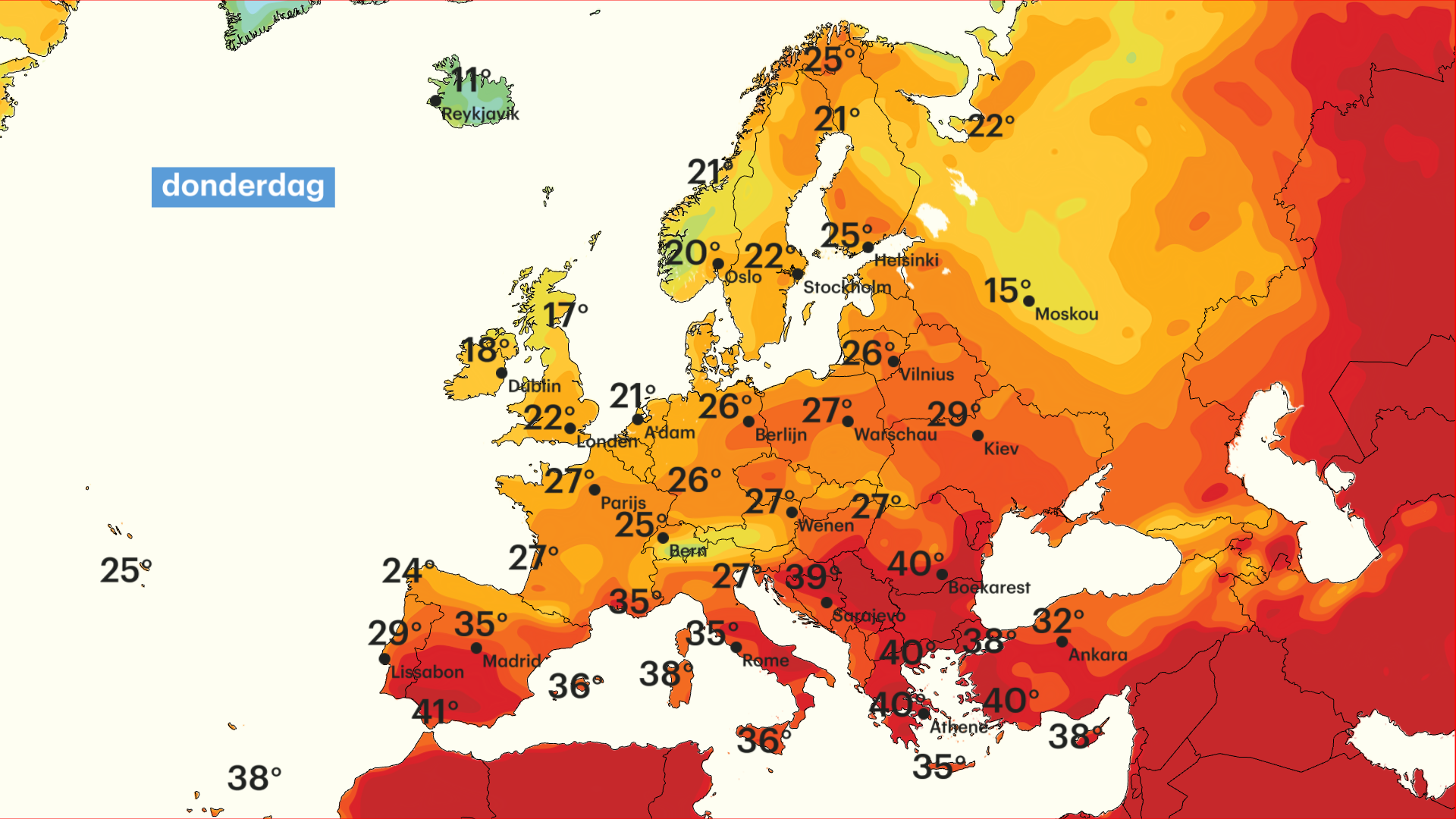 De temperatuurverwachting voor morgen.