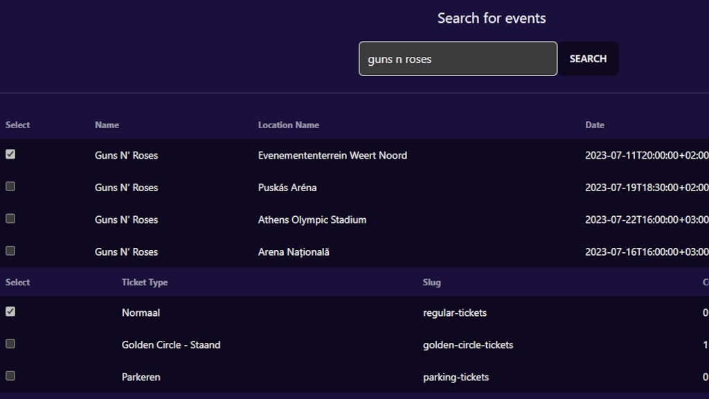 Zo ziet het dashboard van een TicketSwap-bot eruit.