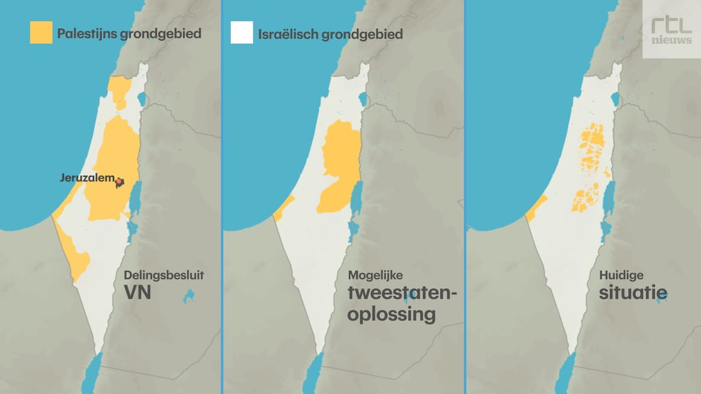 Op deze kaart zie je de mogelijke tweestatenoplossing (midden) naast het VN-delingsbesluit uit 1947 (links). Op de rechterkaart is te zien hoe de Israëlische nederzettingen zich hebben uitgebreid.