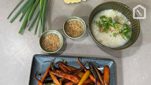 Gestoofde gemberkip met sesamdip en geglaceerde sojawortels