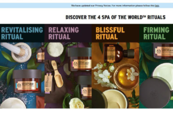 Reclame voor Spa of the World in de webwinkel van The Body Shop