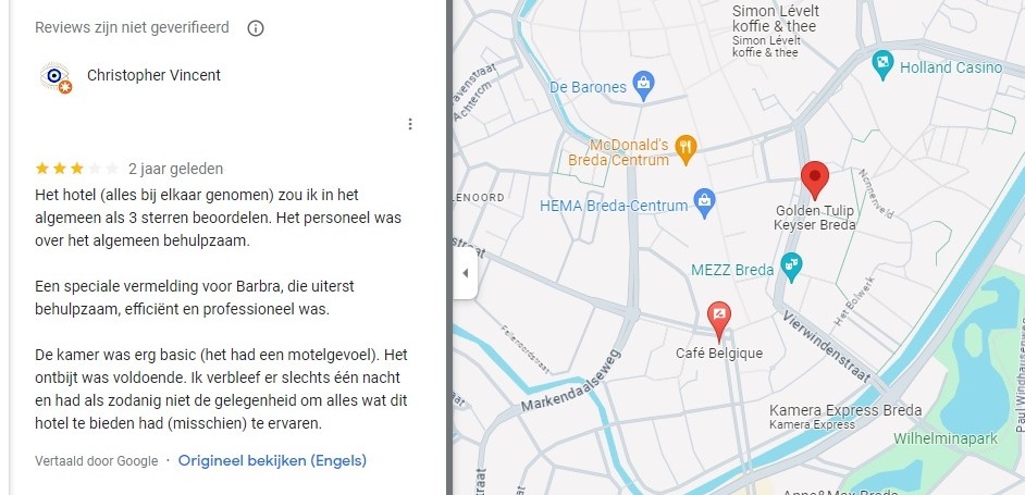 De recensie over een hotel in Breda waarin 'Barbra' uit Nederland wordt genoemd.