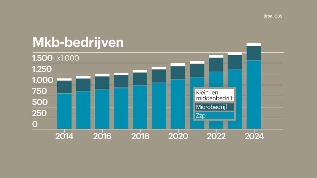 De toename van mkb-bedrijven, waaronder zzp'ers, over de afgelopen 10 jaar.