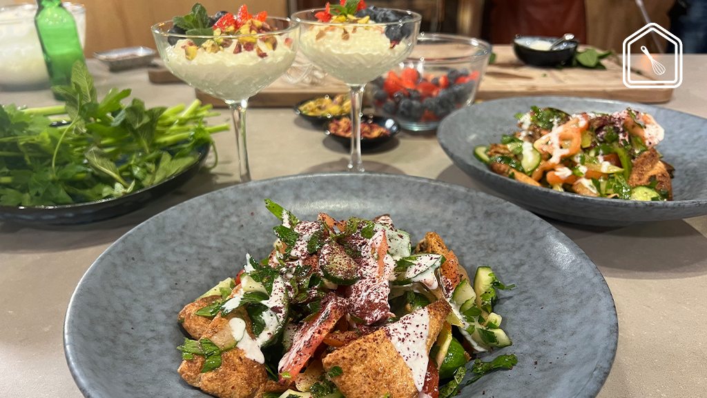 Arabische broodsalade & dessert van rozenroomrijst 