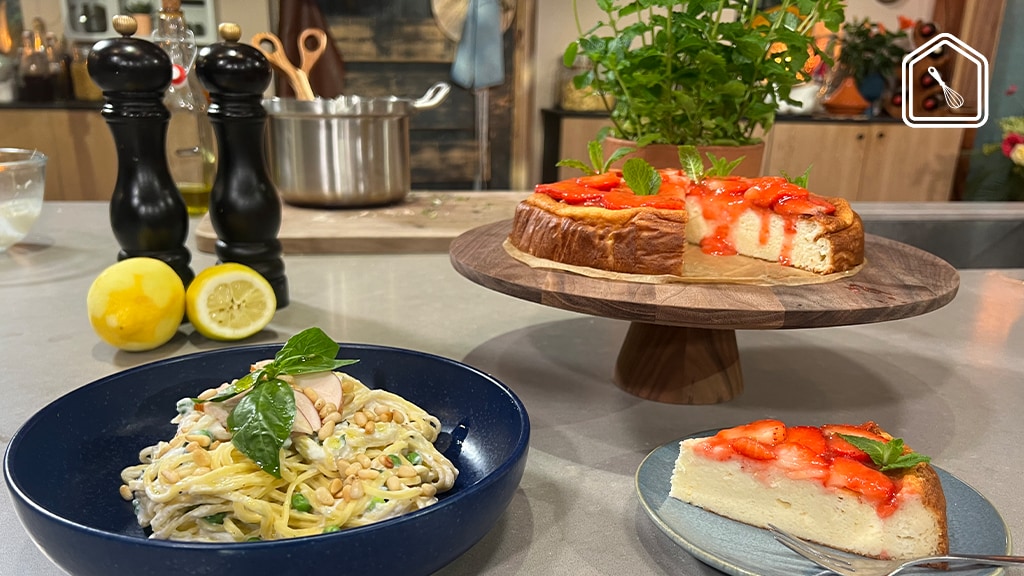 Snelle pasta met kip, doperwten en ricotta