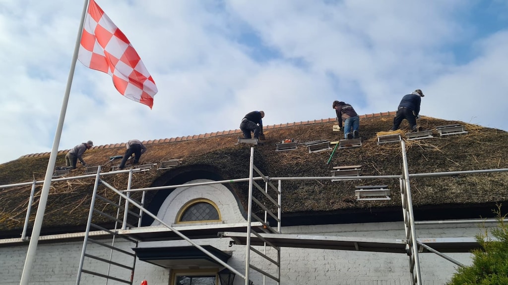 The Telkamp family is busy working on the thatched roof