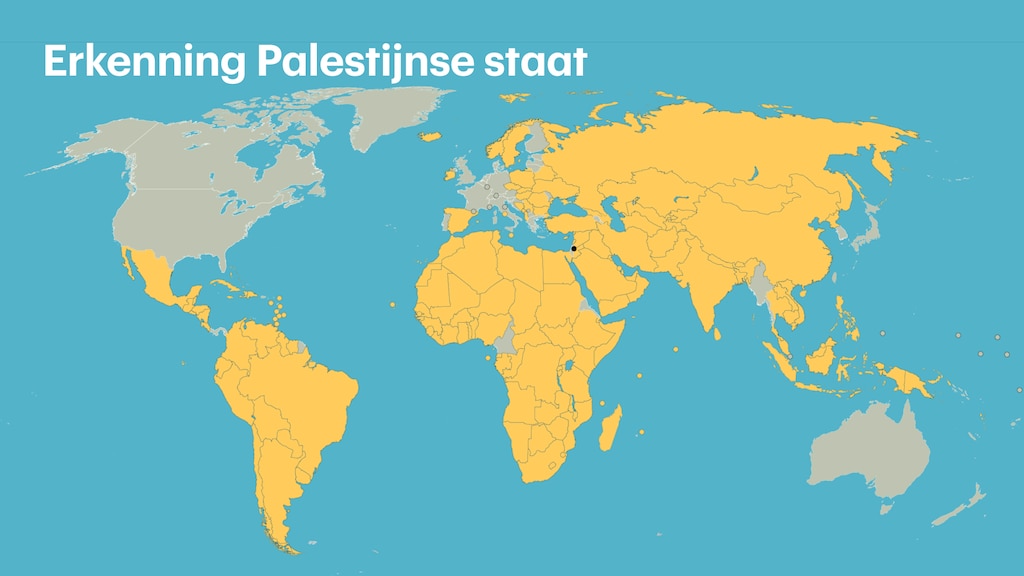 Alle landen die de Palestijnse staat erkennen, in het geel gemarkeerd.