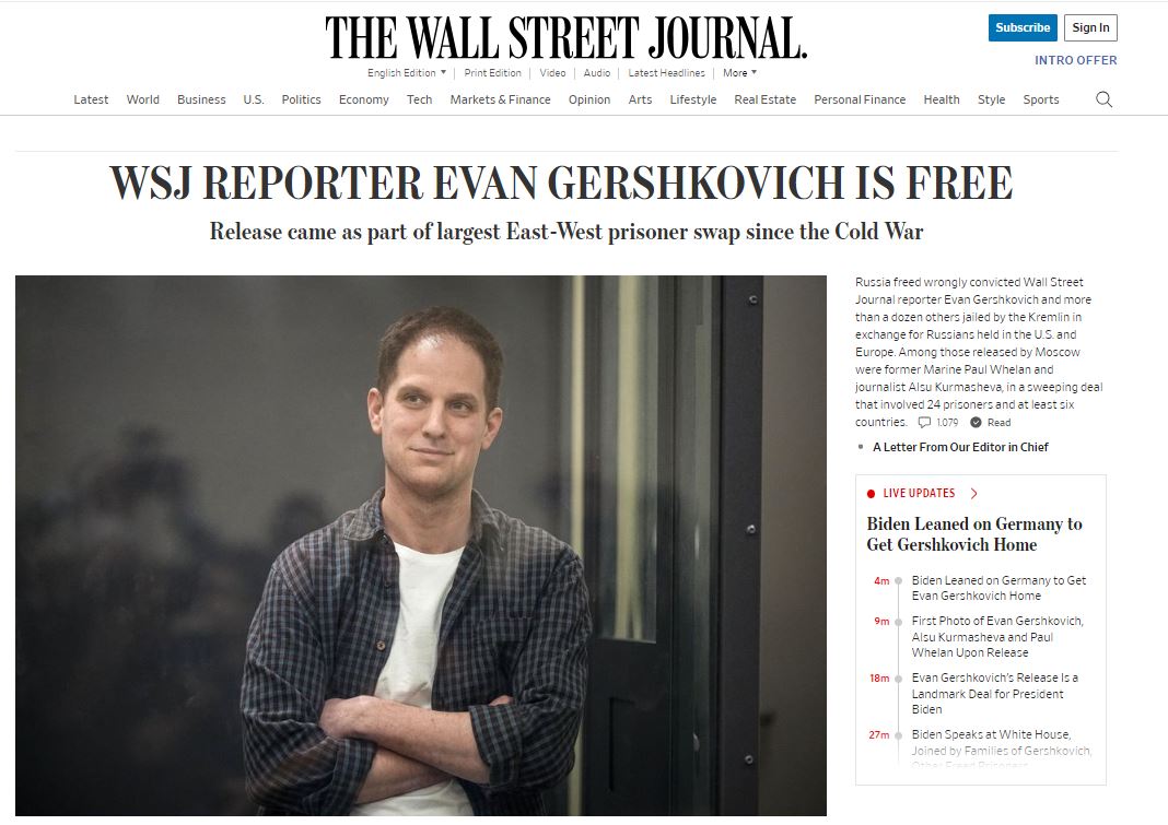 De website van The Wall Street Journal na de vrijlating van Gershkovich.