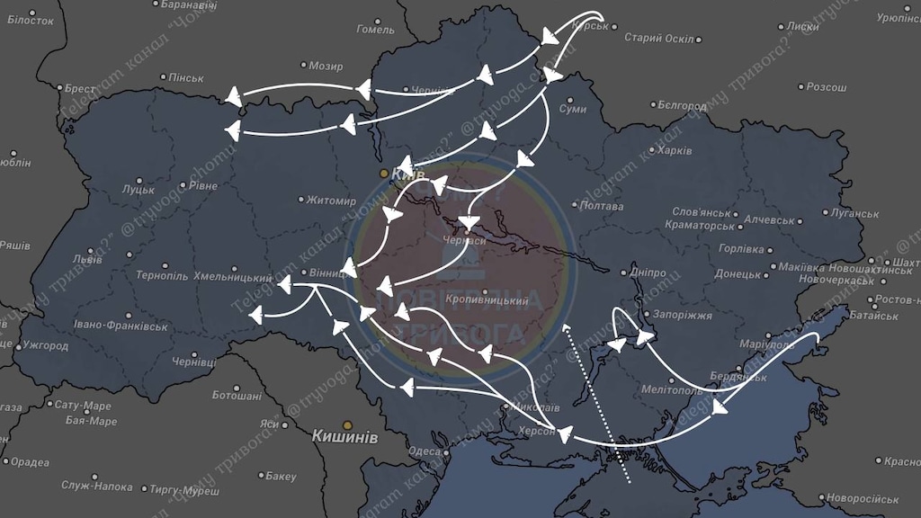 Indruk van de vluchtroutes van Russische drones in de nacht van 26 op 27 augustus.