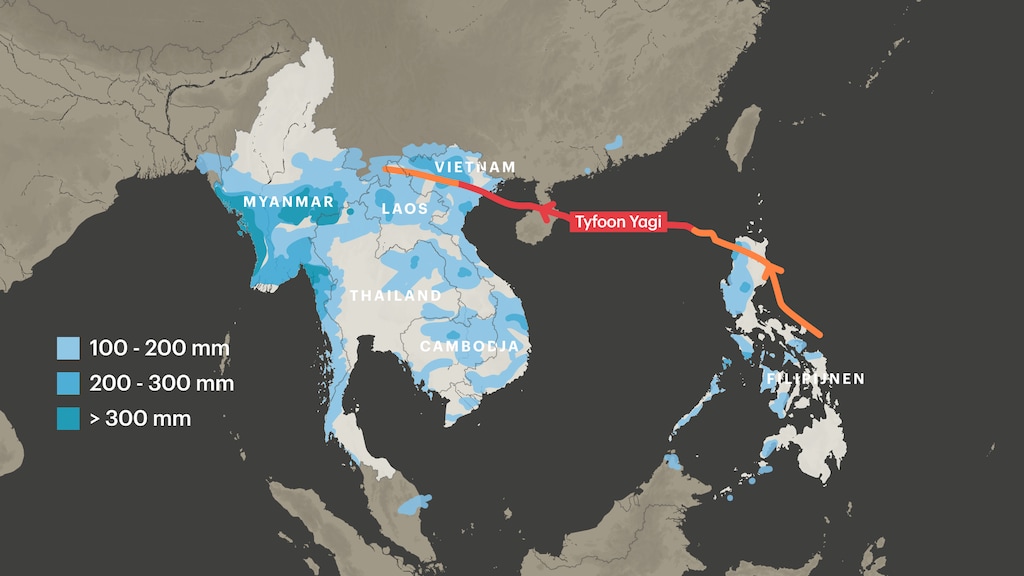 Het pad dat Yagi aflegde, en de gebieden die het zwaarst getroffen zijn door regen.