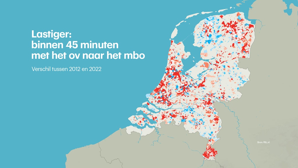 Hoe roder de plaats op het kaartje, hoe slechter de bereikbaarheid in vergelijking met 2012. En hoe blauwer, hoe beter.