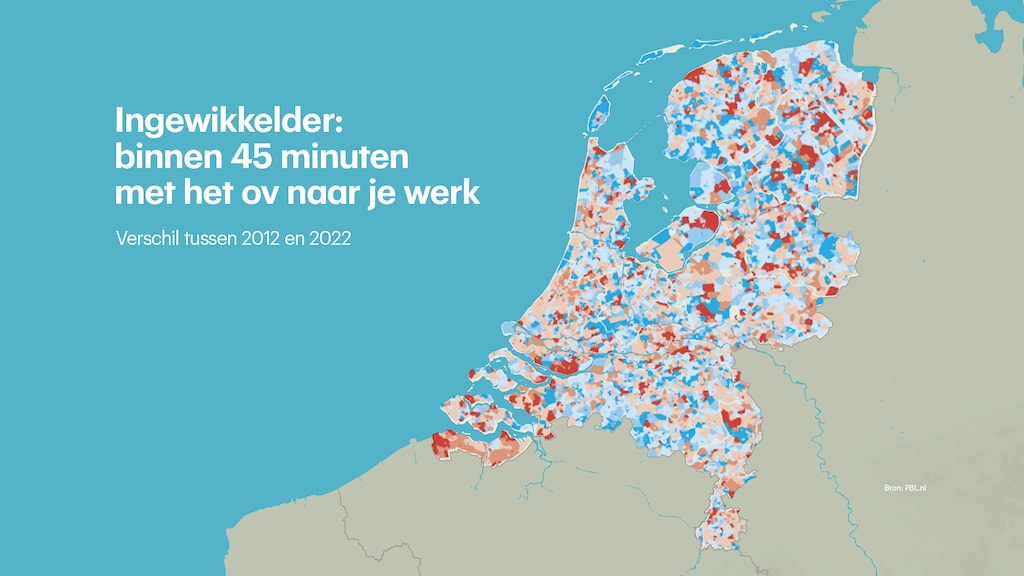 Hoe roder de plaats op het kaartje, hoe slechter de bereikbaarheid in vergelijking met 2012. En hoe blauwer, hoe beter.