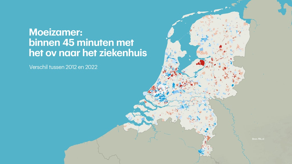 Hoe roder de plaats op het kaartje, hoe slechter de bereikbaarheid in vergelijking met 2012. En hoe blauwer, hoe beter.