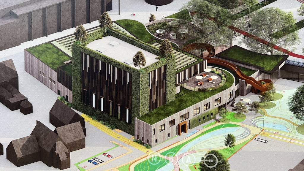 Artist impressie: hoe het theater in Roosendaal er ongeveer in 2027 uitziet met de warmtewin-gevel, levend groen en een groot dakterras