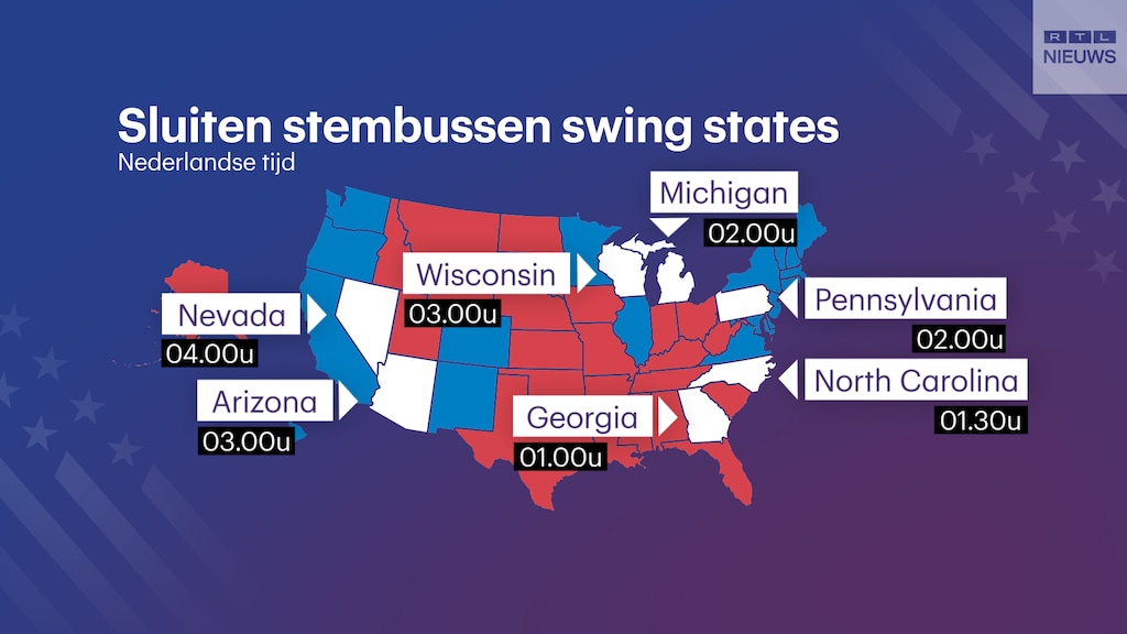 Op deze tijdstippen sluiten de stembussen van de belangrijkste staten.