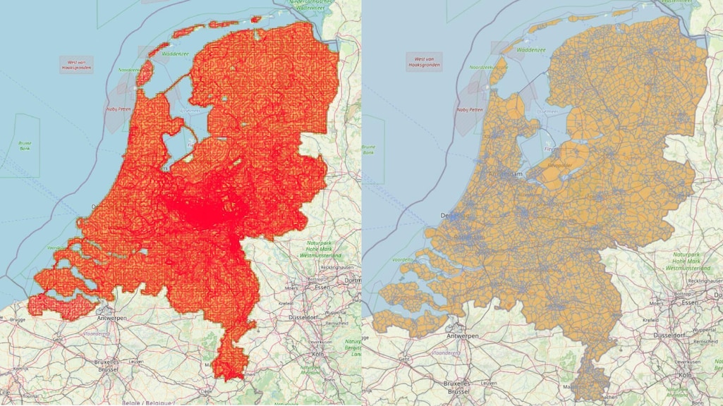 Links de vakjes in Nederland waar Gerard doorheen fietste, rechts de postcodes.