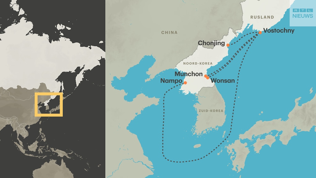 Vaarroutes van Russische haven naar vier Noord-Koreaanse havens.
