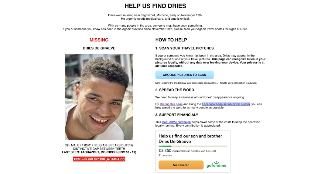 De website die moet helpen om Dries te vinden.