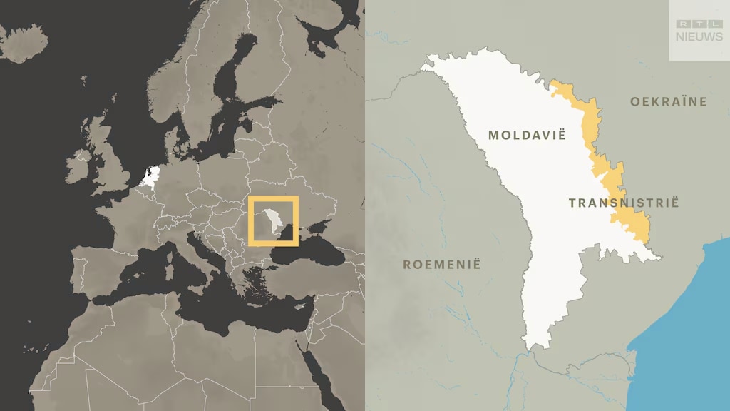 Moldavië ligt ingeklemd tussen Roemenië en Oekraïne. De gele strook is de afvallige pro-Russische regio Transnistrië.