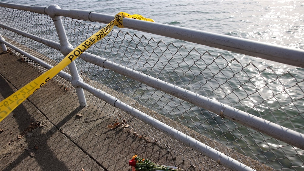 Iemand heeft een bos bloemen neergelegd aan de Potomac rivier, waar het ongeluk plaatsvond.