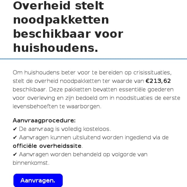 Een voorbeeld van zo'n valse email over gratisnoodpakketten.