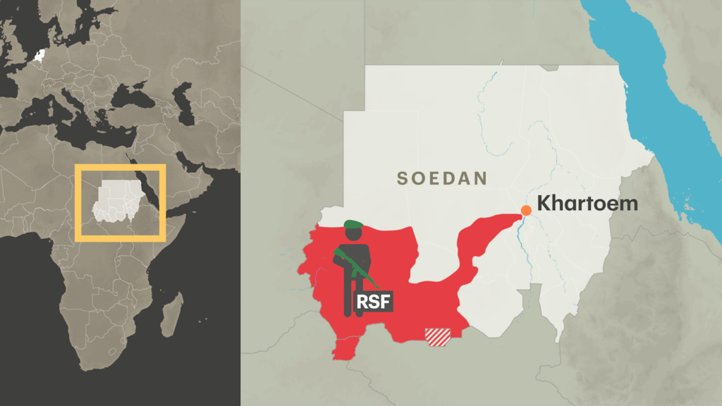 De positie van de RSF op 27 maart, volgens het regeringsleger. Darfur ligt in het zuidwesten.