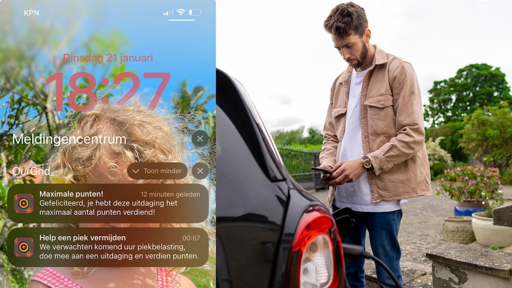 Het bericht (links) met de pushnotificatie, het beeld rechts is ter illustratie.