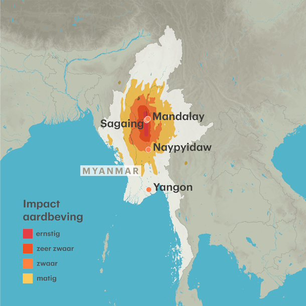 Grote steden in en rondom het rampgebied.