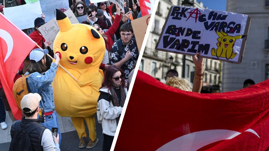 Pikachu dook afgelopen weekend op bij demonstraties tegen de arrestatie van Imamoglu in Parijs (links) en Madrid (rechts)