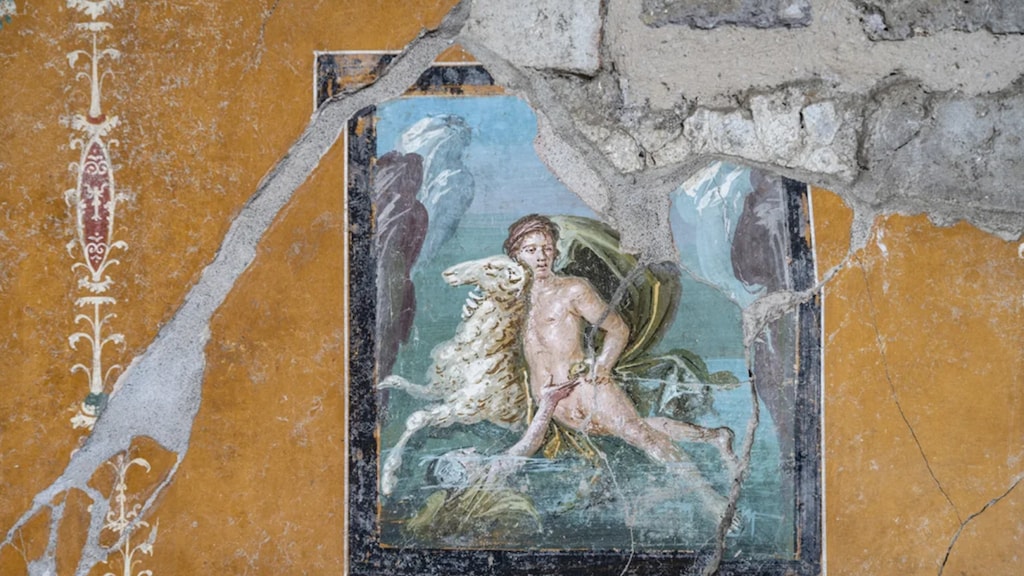 Op het fresco is te zien hoe Helle naar de hand van haar broer Phrixus reikt terwijl ze naar de zee valt.