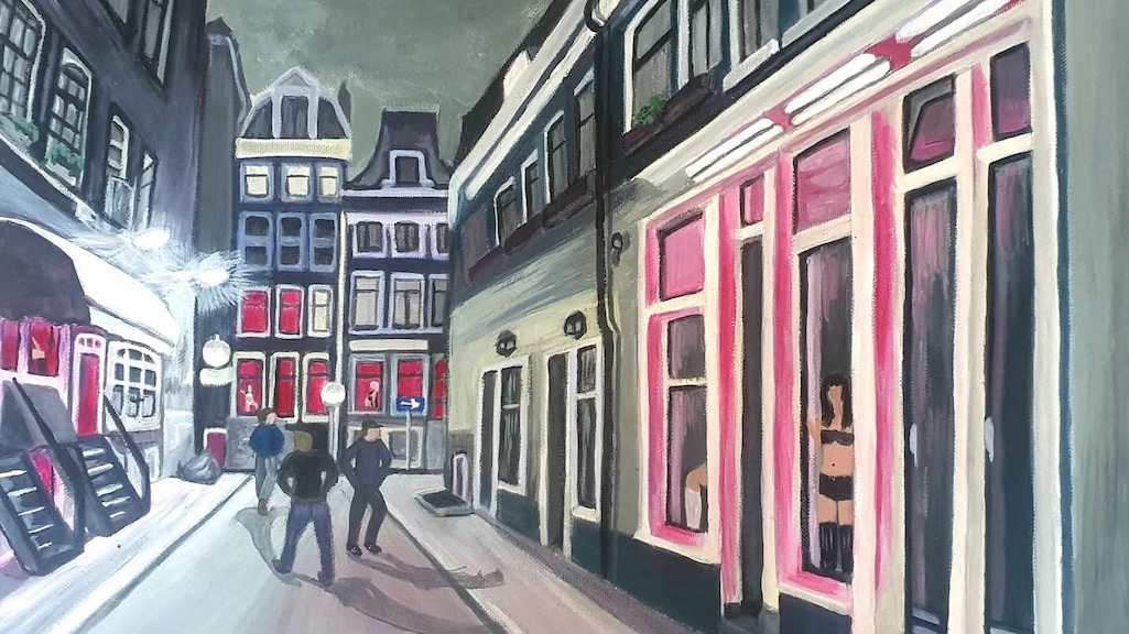 Schilderen en tekenen is een uitlaatklep voor Jacqueline. Ze maakte onder andere dit schilderij: 'Redlight Memories'. "Het laat de schimmige Bethlemsteeg zien. Een plek waar ik acht jaar lang lief en leed deelde met collega's en andere slachtoffers."