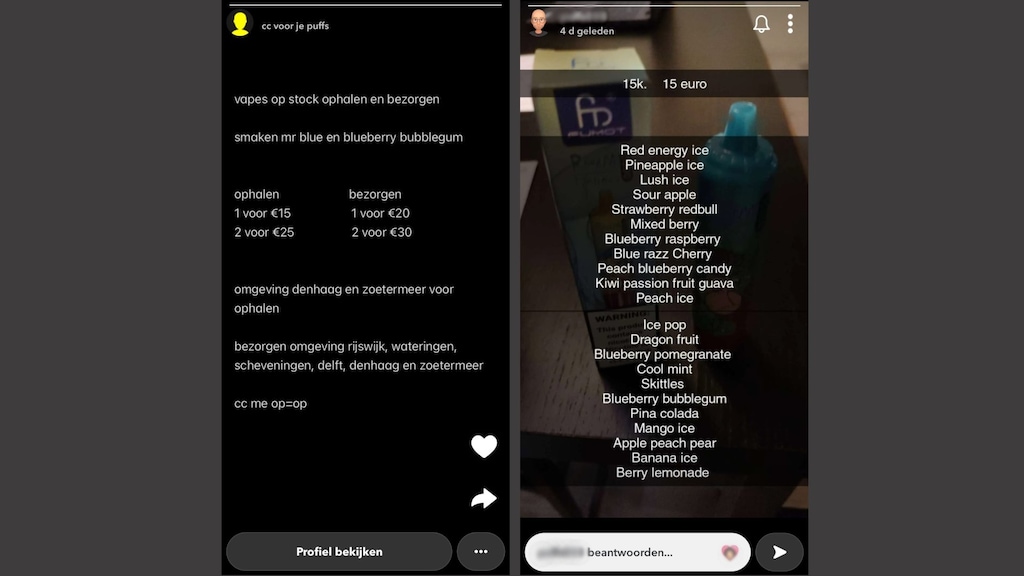 Twee voorbeelden van accounts die vapes aanbieden via Snapchat.