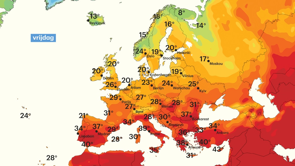 Temperatuurkaart voor morgen via Buienradar.