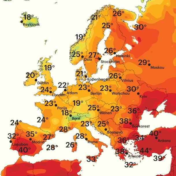 De temperaturen morgen in Europa