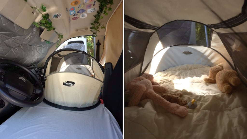 Het babybedje van Mila, voorin de camper.