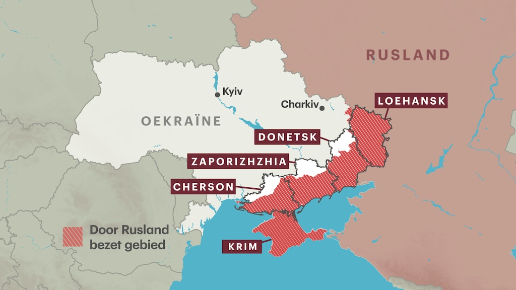 De frontlinie en vijf gebieden die Rusland wil inlijven.