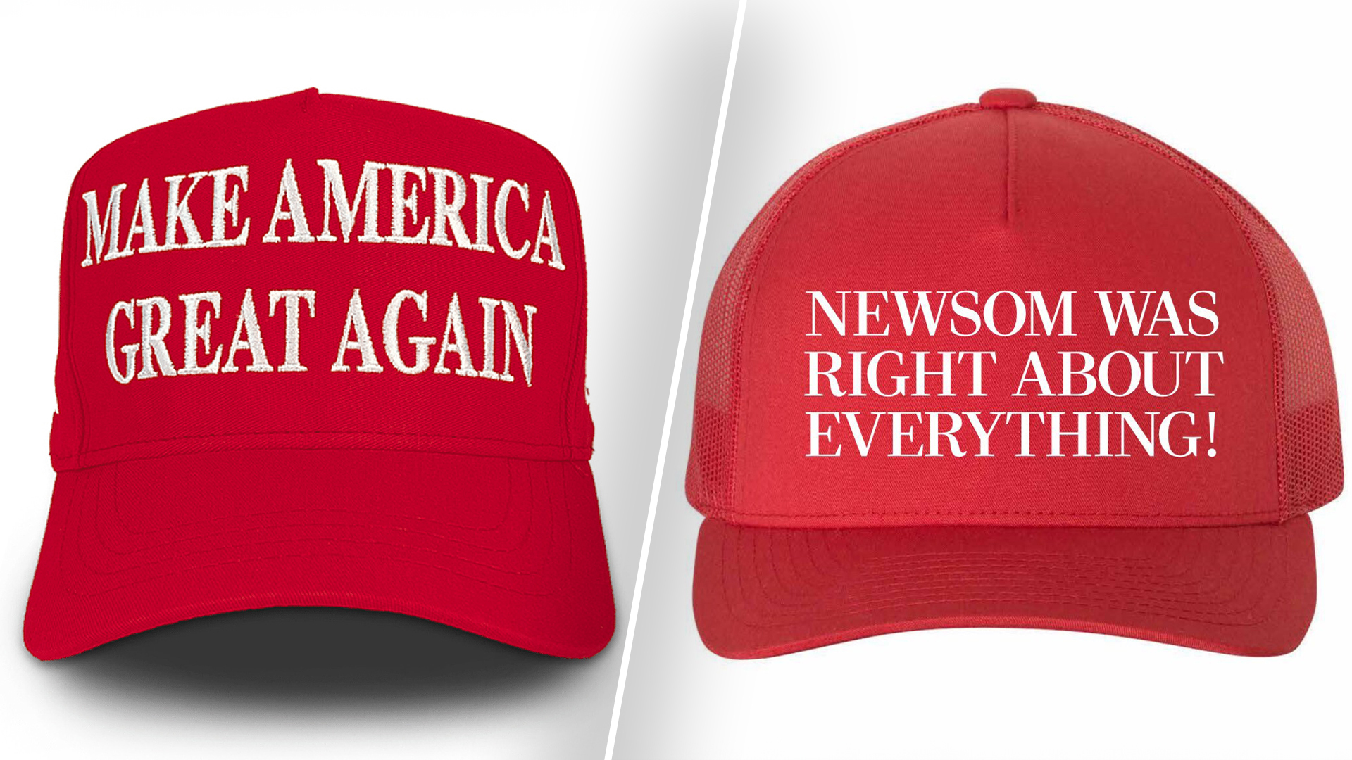 Links een pet die Trump verkoopt, rechts een pet die Newsom verkoopt