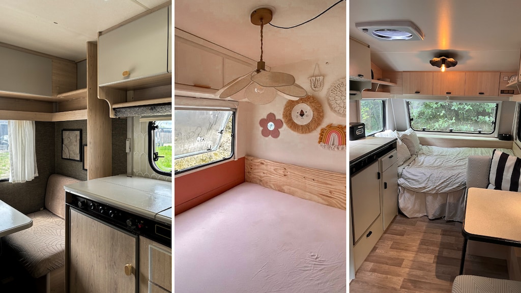 Links: de eerste opgeknapte (impuls)caravan. Midden: de caravan die ze voor Riannes zus hebben opgeknapt. Rechts: de huidige caravan.