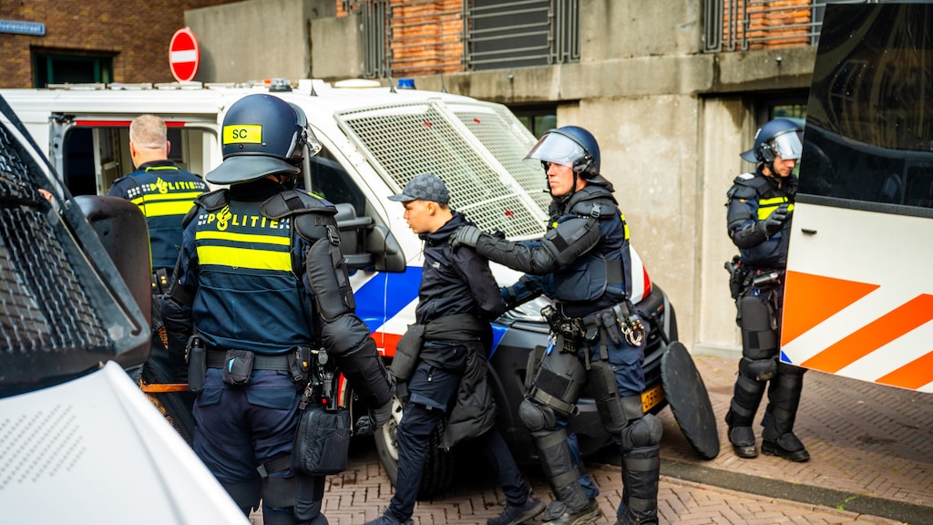 Een aanhouding  tijdens de demonstratie tegen het asielbeleid op het Malieveld.