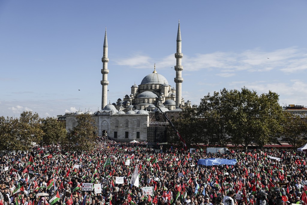 Duizenden demonstranten in Istanbul betuigen hun steun voor de Palestijnen.