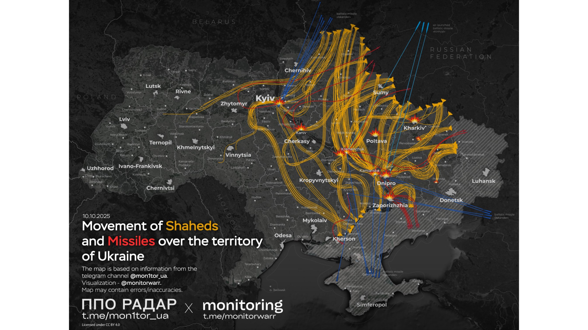 Kaart van de aanval op 10 oktober 2025. De kaart geeft aan waar de drones en raketten afgelopen nacht ongeveer vlogen.