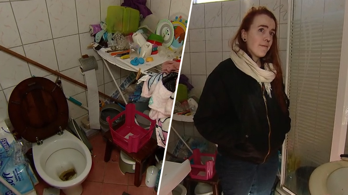 Gwen maakt ontbijt klaar naast toilet in Help, Mijn Man Is Klusser!