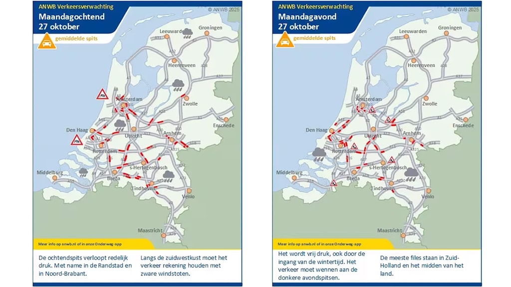 De fileverwachting van de ANWB voor maandag 27 oktober.