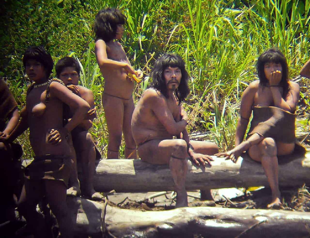 Leden van een familie van de Mashco-piro stam, ergens in de zuidoostelijke Peruaanse jungle.