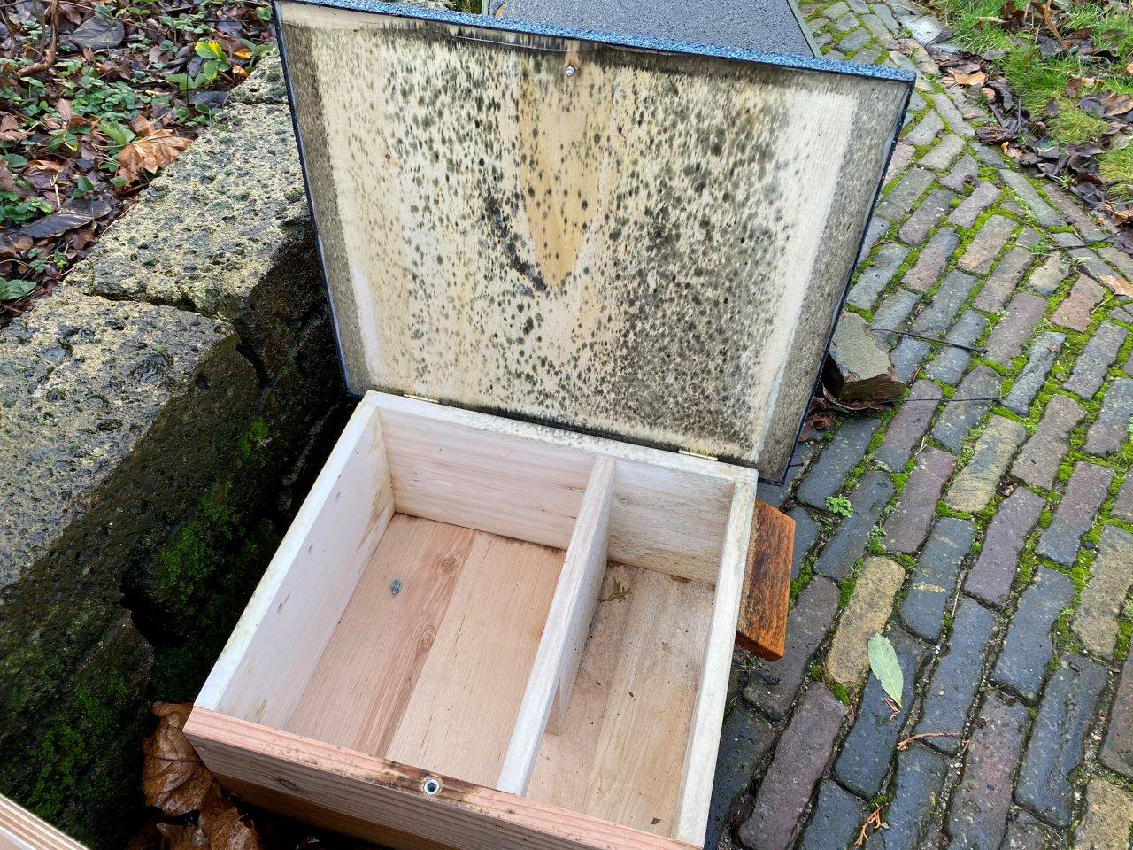 Een beschimmeld egelslaaphuisje. (Niet het huisje dat door Lidl is verkocht)