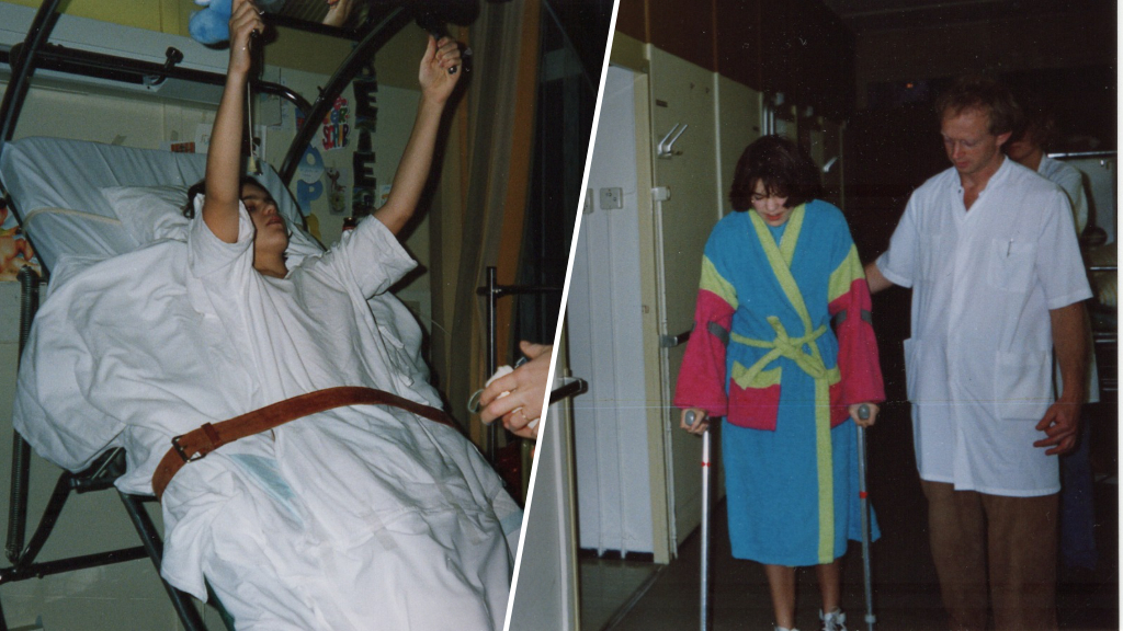 Femke moest na haar rugoperatie weer leren staan (links) en leren lopen (rechts). 