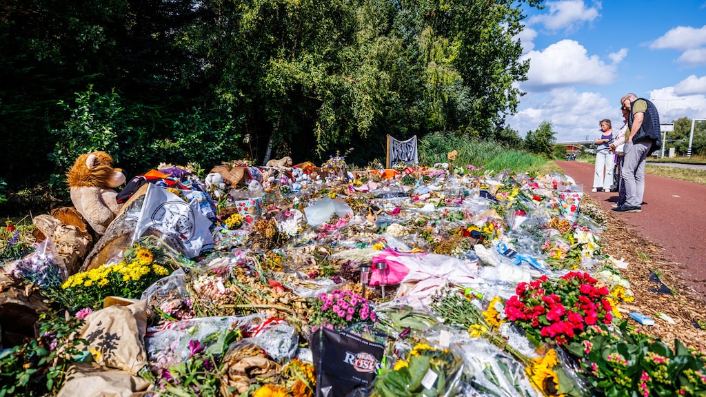 Een zee aan bloemen en knuffels langs de weg waar Lisa werd gevonden.