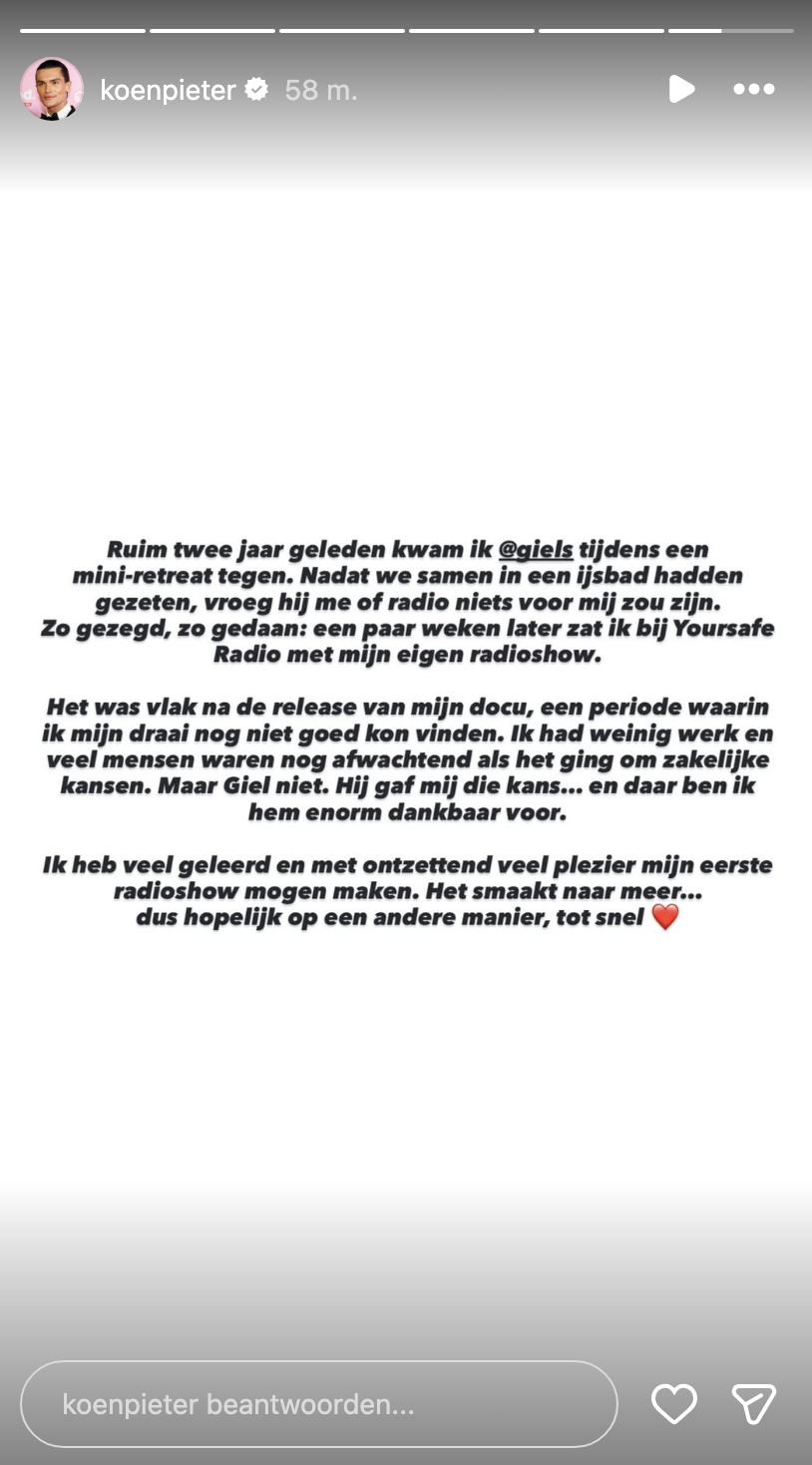 Instagram story Koen Pieter van Dijk